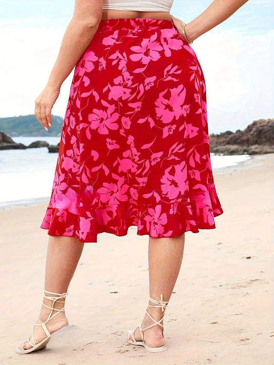Plus Size Spring Summer Women Elegant Floral Print Slit Skirt
