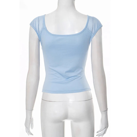 CUTENOVA Solid Color Square Neck Short-Sleeved Mesh Patchwork Straps Slim Tank Tops