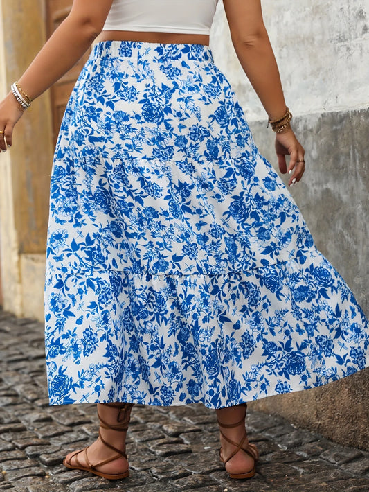 Plus Size Women Elegant Floral Print Skirt Casual Fashion