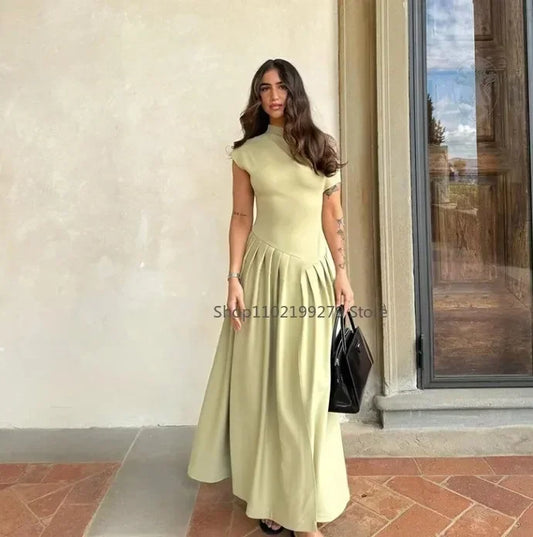 Women Elegant Green Pleated Dress Fashion