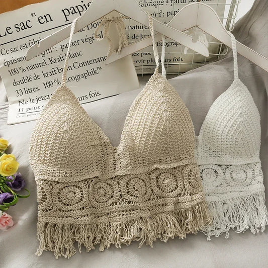 Crop Tops Retro Wild Hollow Perspective Tassel Sexy Spaghetti Strap Tanke Top