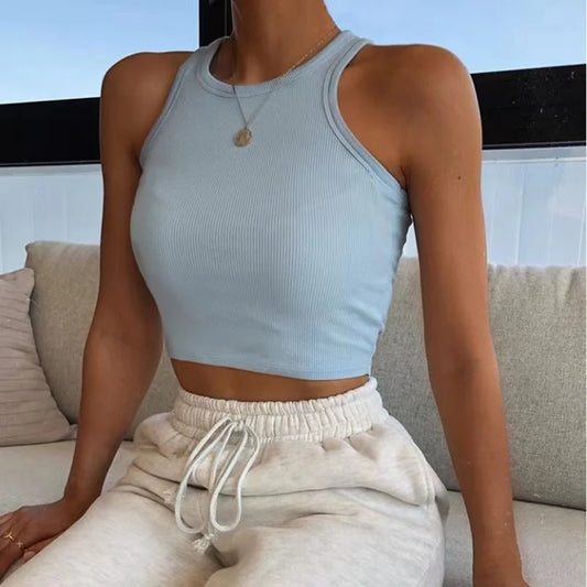 Women's Summer Fashion Short Solid-Color Ribbed Sleeveless T-Shirt Vest