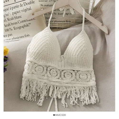 Crop Tops Retro Wild Hollow Perspective Tassel Sexy Spaghetti Strap Tanke Top