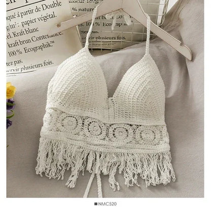 Crop Tops Retro Wild Hollow Perspective Tassel Sexy Spaghetti Strap Tanke Top