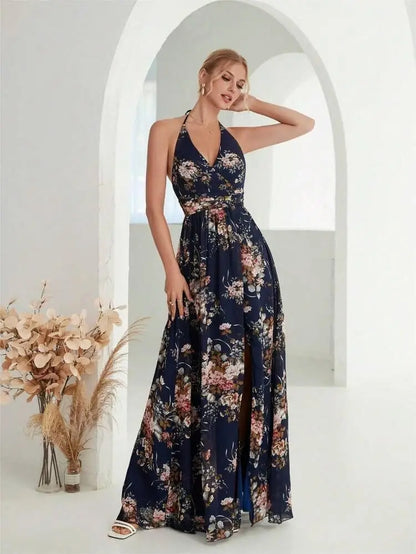 Romantic and flowing backless high-slit printed chiffon lace-up dress