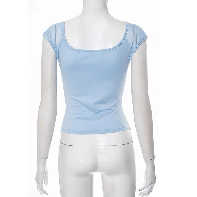 CUTENOVA Solid Color Square Neck Short-Sleeved Mesh Patchwork Straps Slim Tank Tops