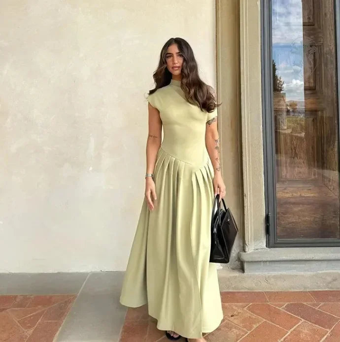 Women Elegant Green Pleated Dress Fashion