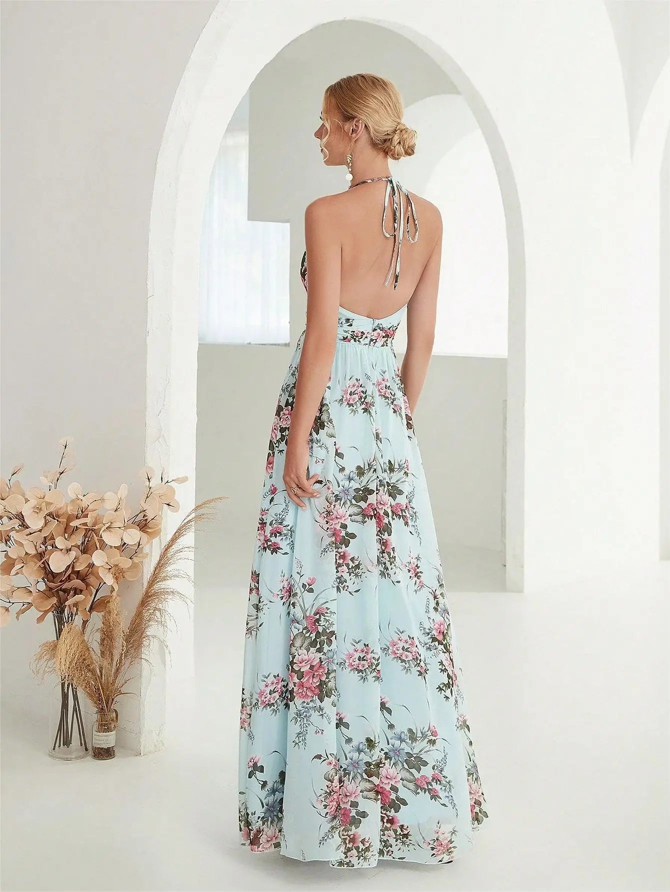 Romantic and flowing backless high-slit printed chiffon lace-up dress